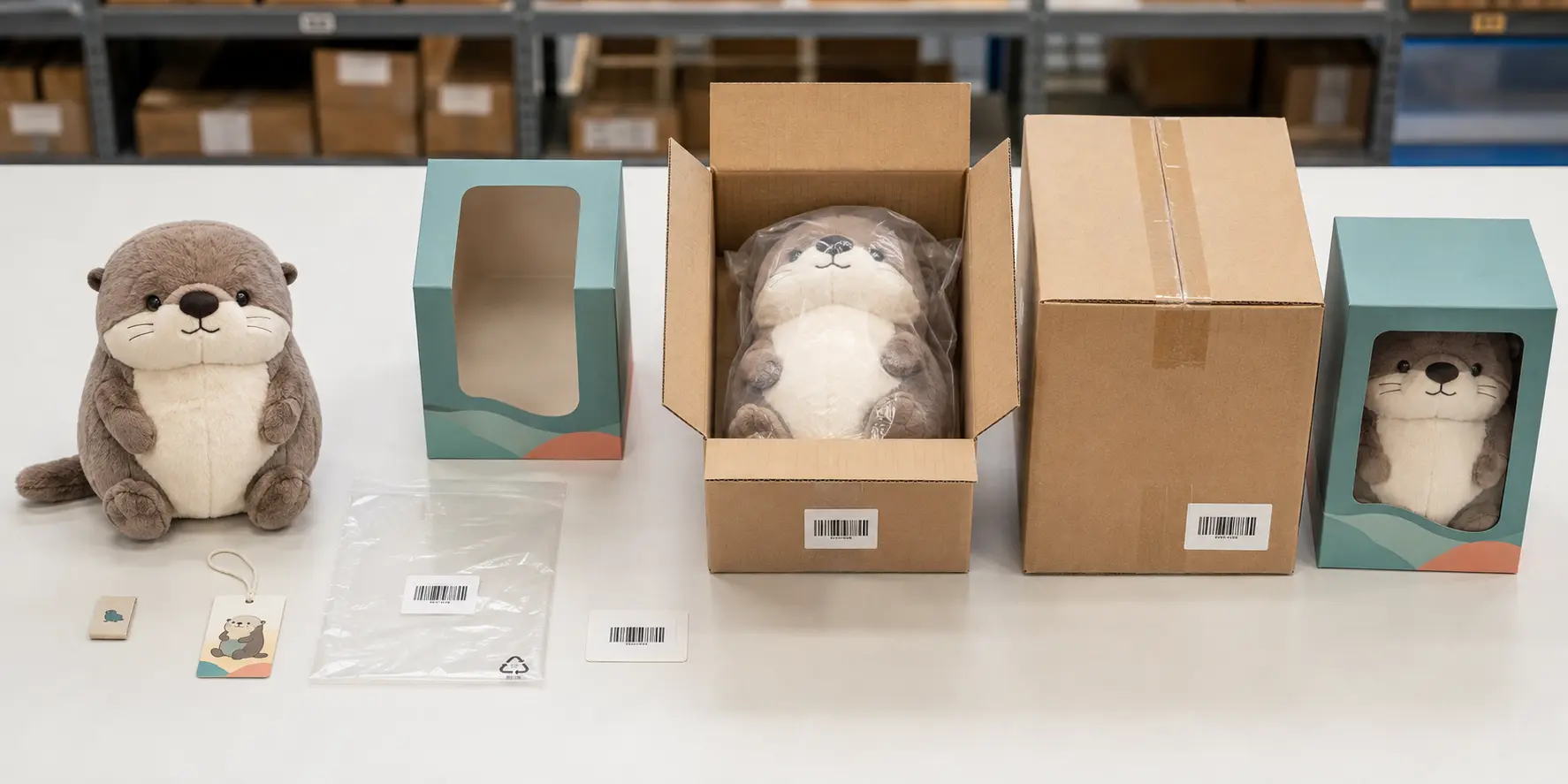 Original custom plush product with label, hangtag, protective bag, retail box and corrugated cartons prepared for fulfillment