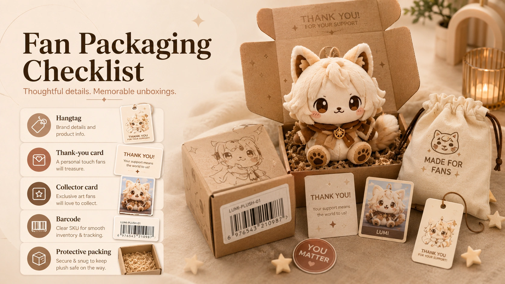 Packaging checklist for creator plush merchandise