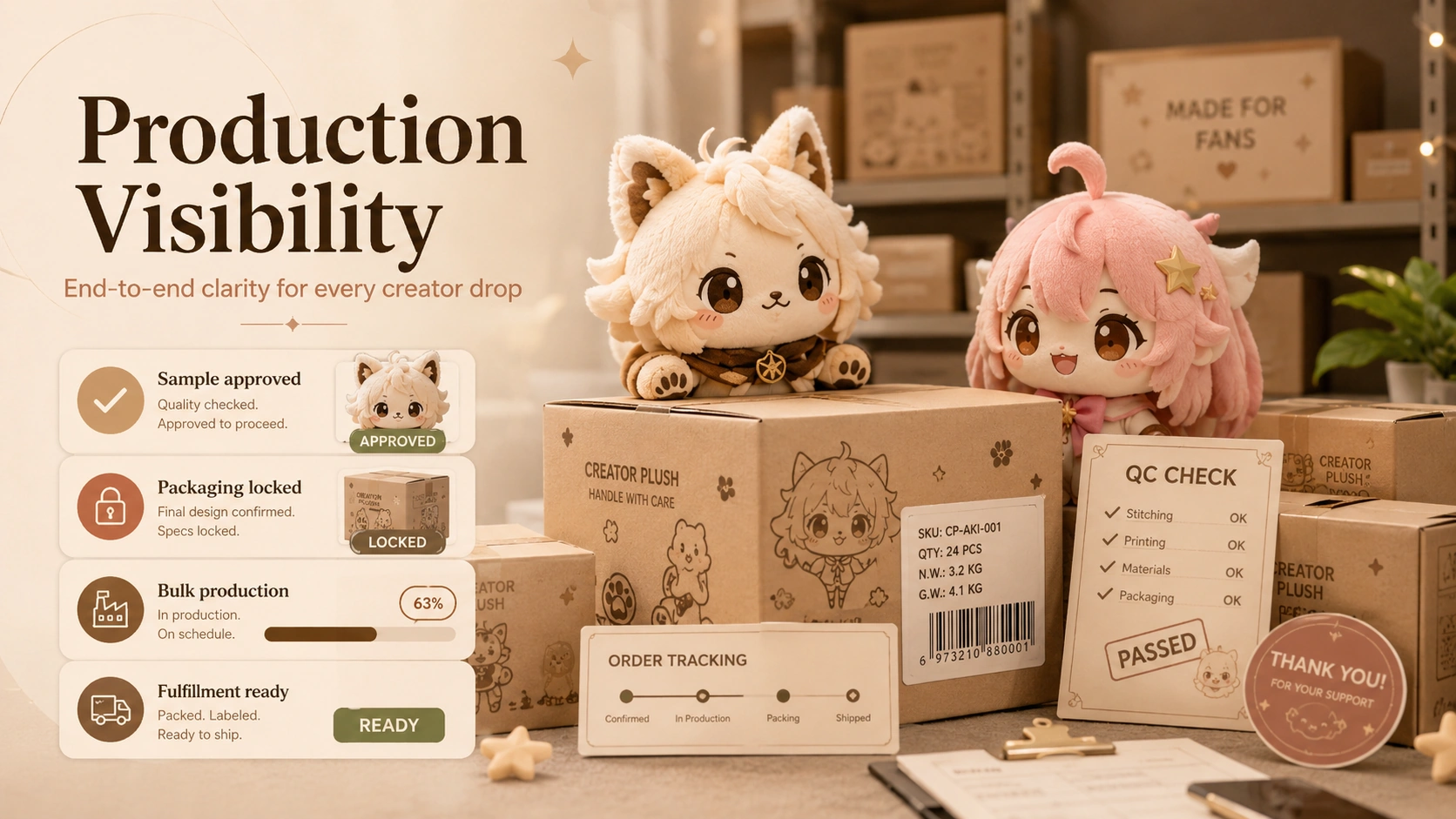 Production visibility checklist for creator plush drops
