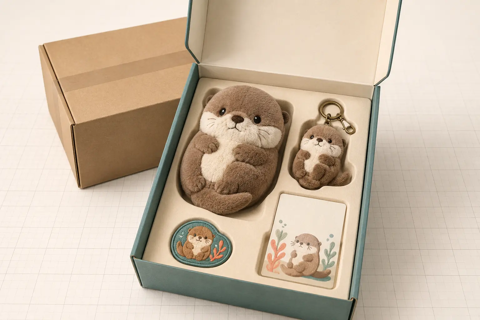 Original custom plush gift set with a sewn plush toy, mini keychain, patch, card and fitted paperboard insert
