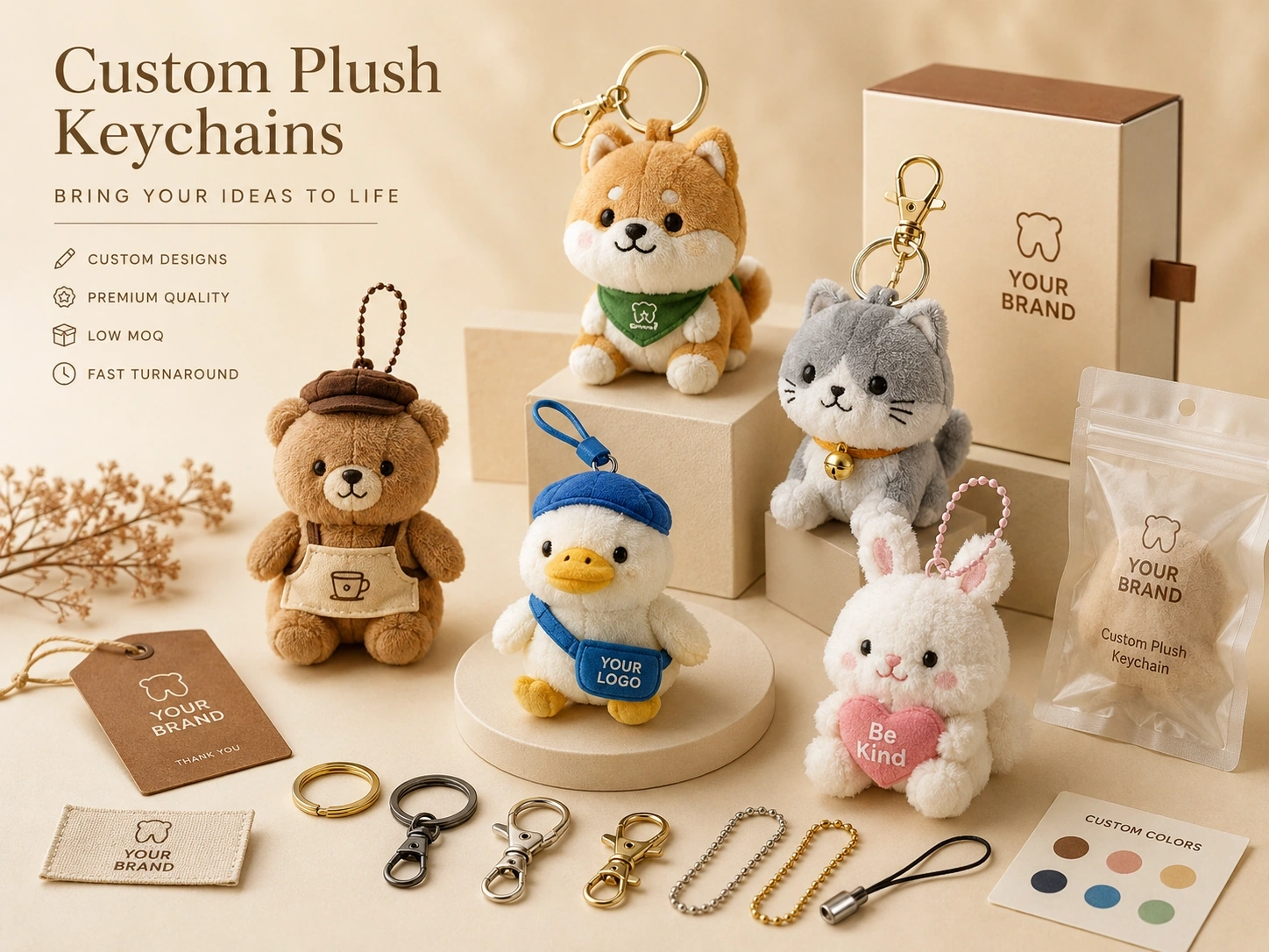 Custom plush keychain manufacturer hero image with mini plush keychains and retail-ready packaging
