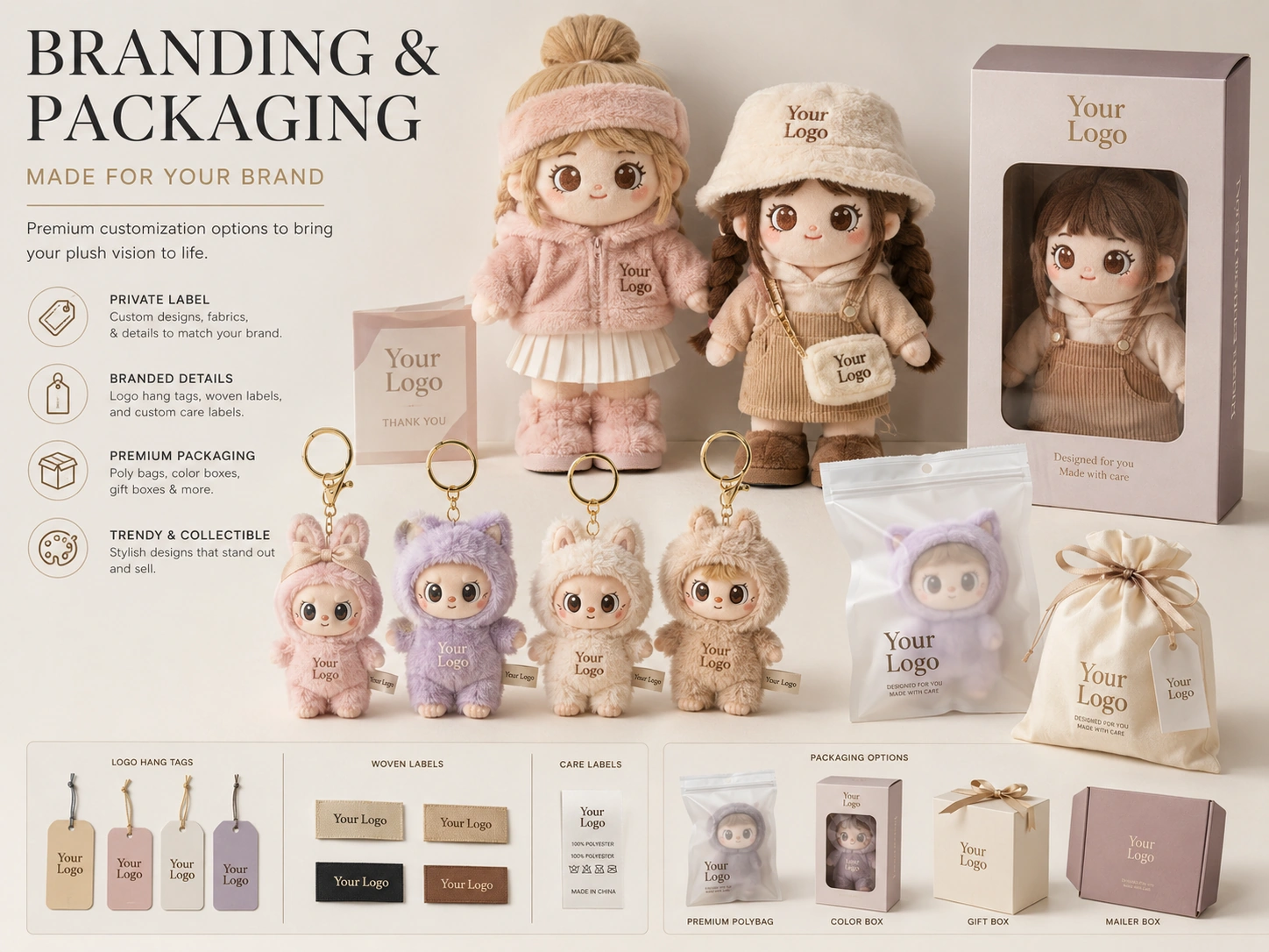 Custom plush toy branding options with trendy plush dolls logo labels hang tags and premium packaging