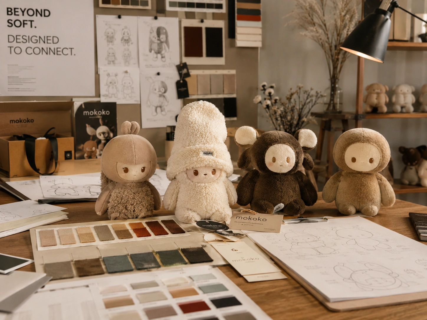 Custom plush toy design and sampling workspace with plush prototype sketches fabric swatches and packaging notes