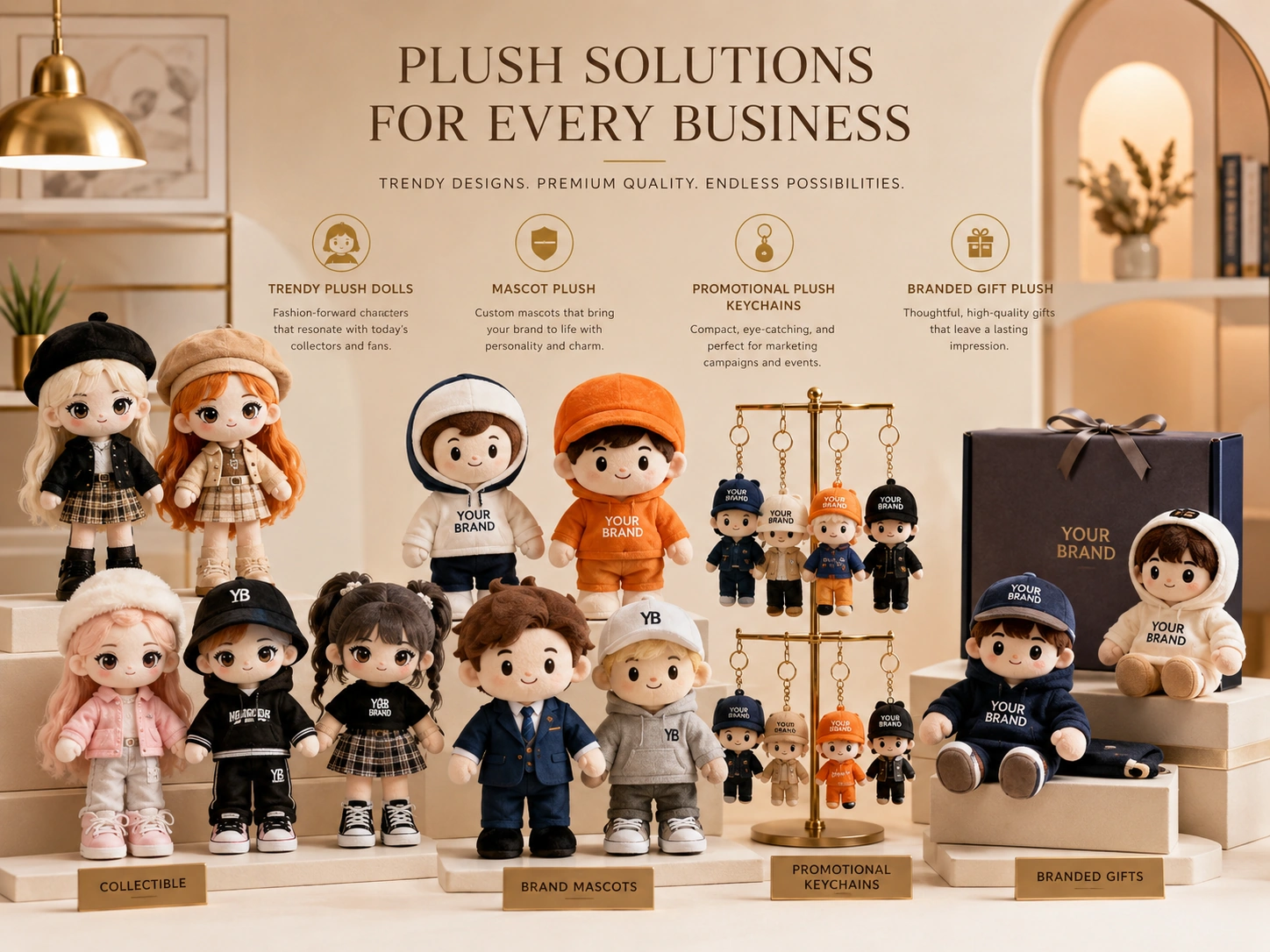 Custom plush toy supplier product range including character plush, mascot plush, plush keychains and branded gift plush