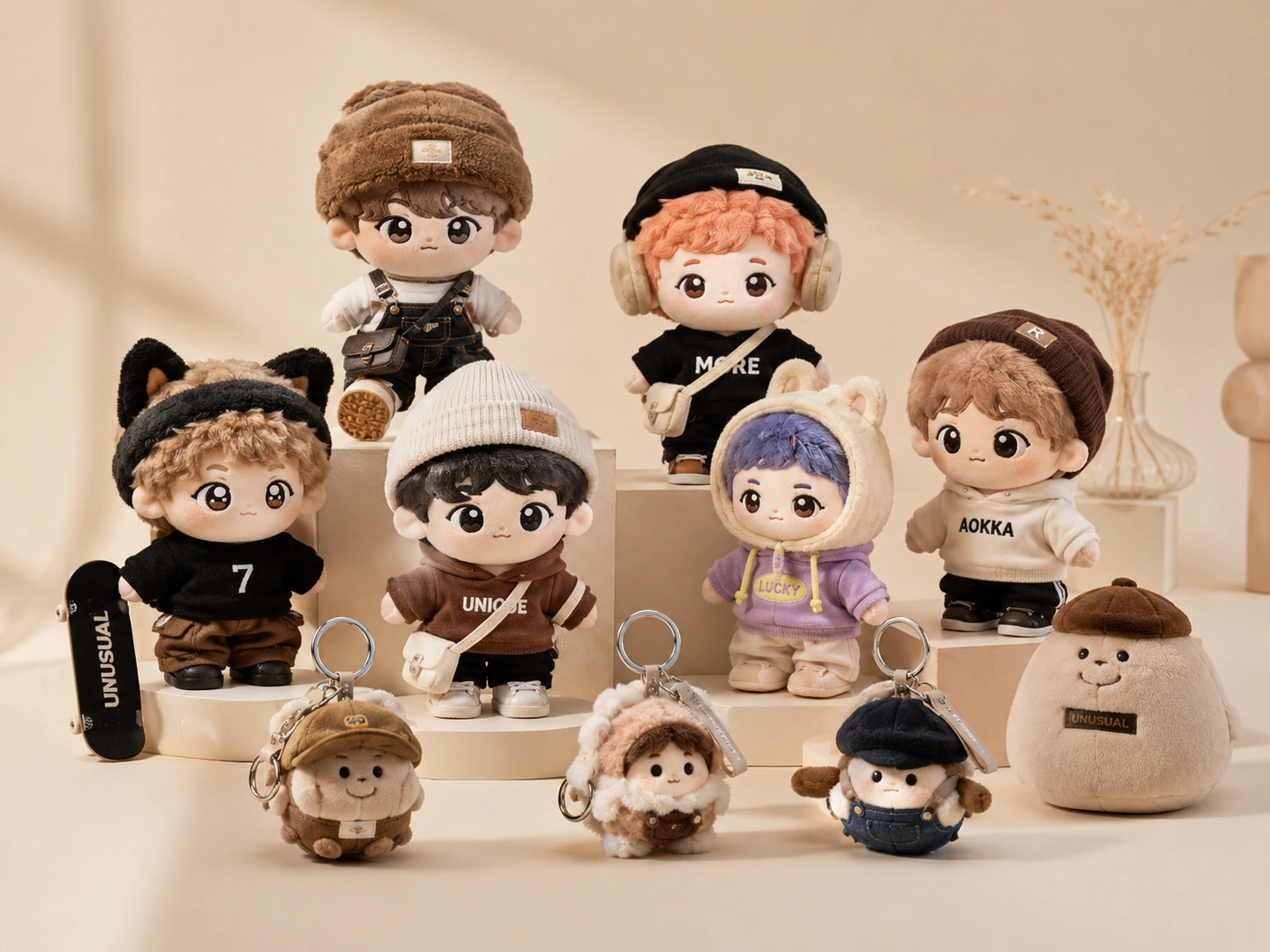 Custom plush toy supplier hero image with trendy plush dolls and plush keychains for wholesale buyers