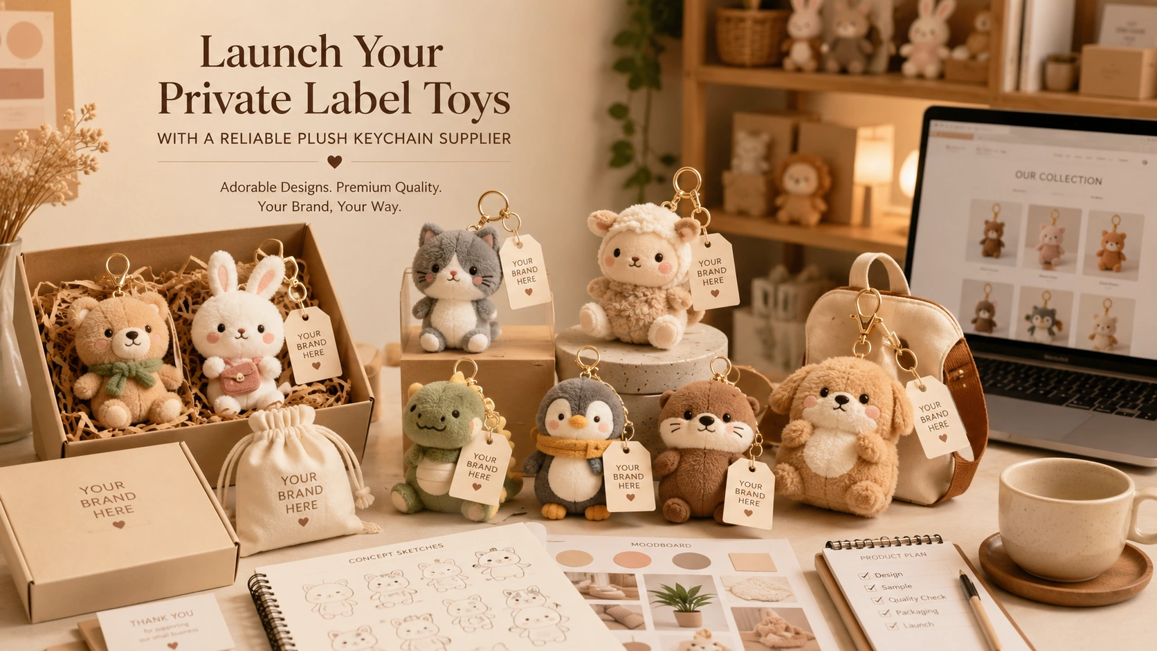 Private label plush keychain collection for entrepreneurs and indie brands
