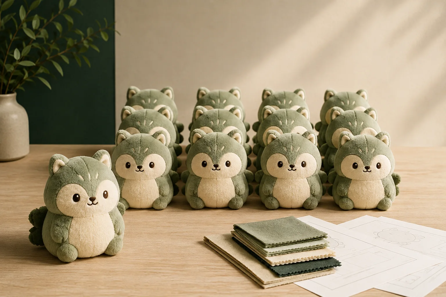 Illustration of matching sage-green plush characters arranged with fabric swatches for a bulk production plan