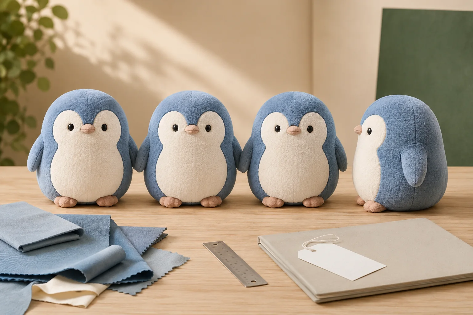 Illustration of matching blue plush characters with fabric swatches and a sample-reference folder