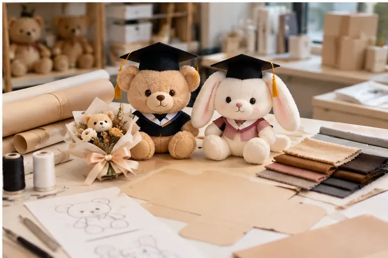 Concept illustration of original graduation bear and bunny plush with sampling materials