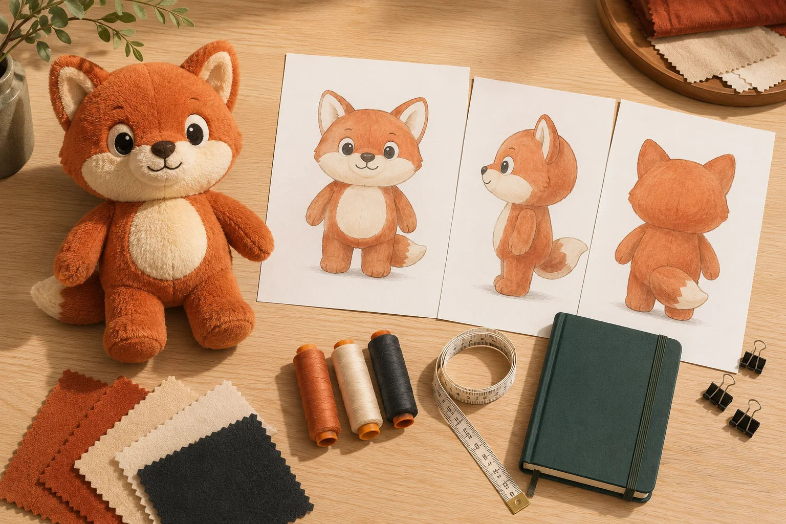 Illustrative plush fox sample with three-view character sketches, thread spools and material swatches