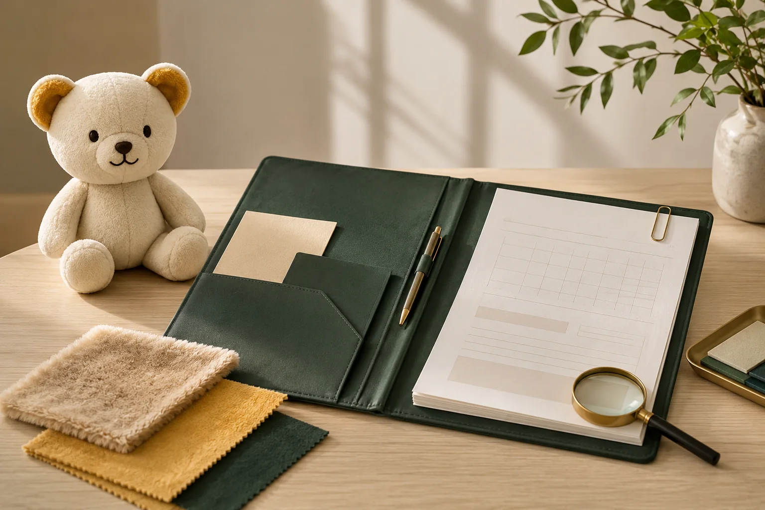 Illustrative plush sample beside a green procurement folder, neutral documents and fabric swatches