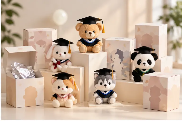 Concept illustration of mini graduation plush collectibles and mystery boxes