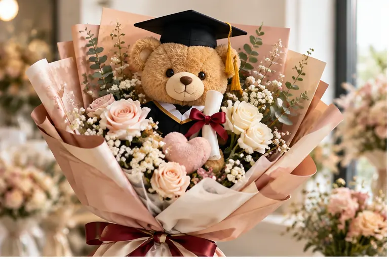 Concept illustration of a graduation teddy bear plush bouquet with roses and a mortarboard