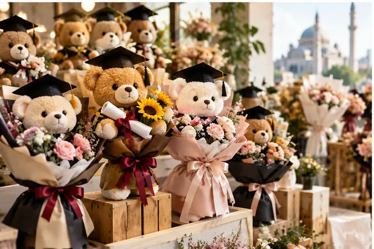 Concept illustration of graduation teddy bear bouquets displayed in a gift shop