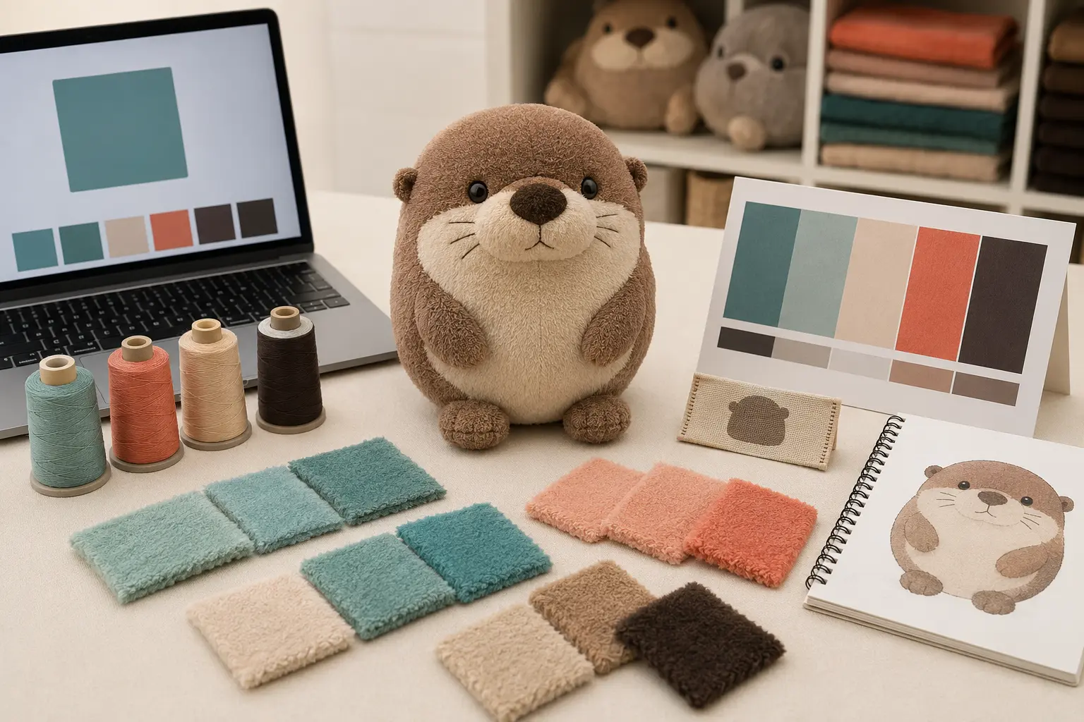 Original all-plush sample surrounded by close-color fabric swatches, embroidery threads and physical color references