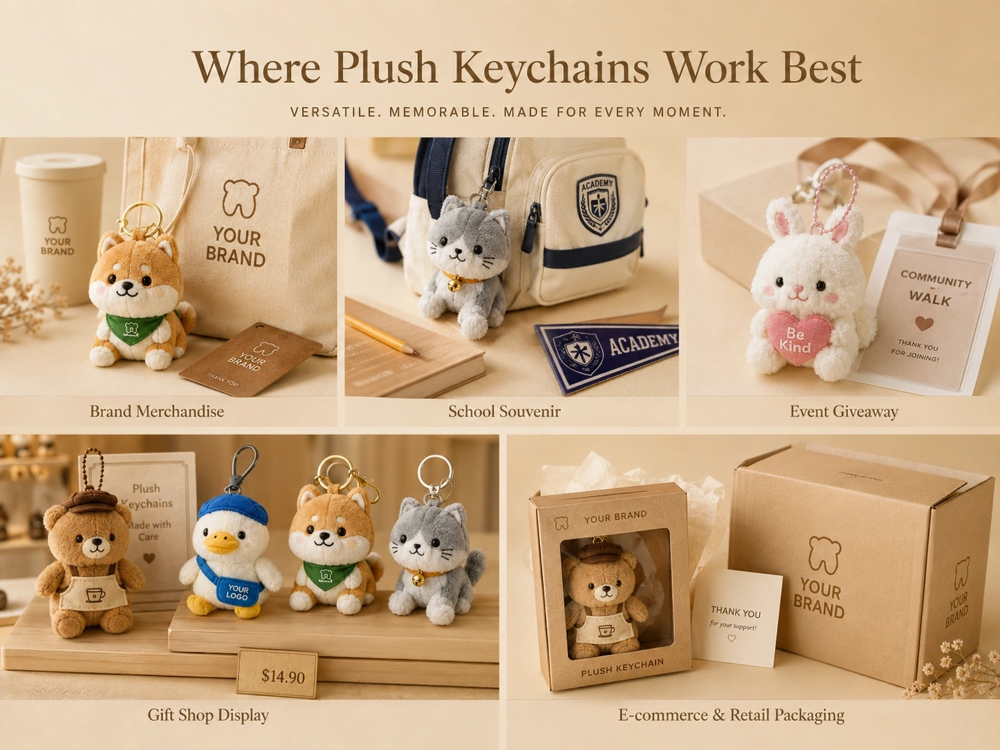 Custom plush keychain application scenarios for brand merchandise, schools, events, gift shops and retail