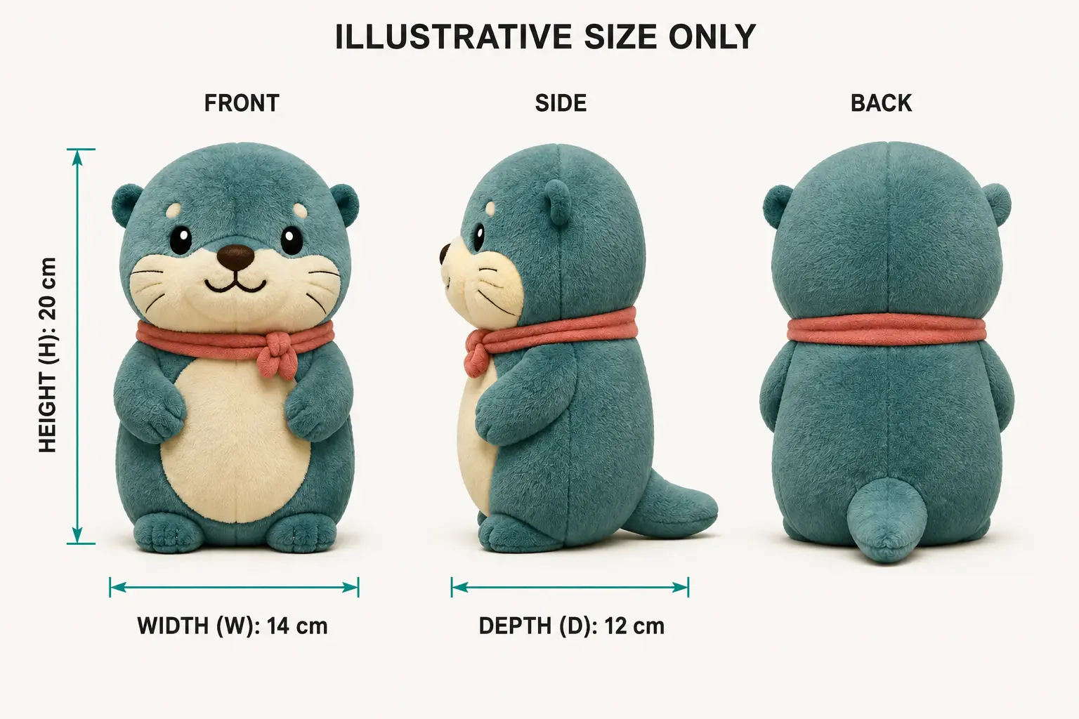 Illustrative plush toy three-view drawing marked height 20 cm width 14 cm and depth 12 cm