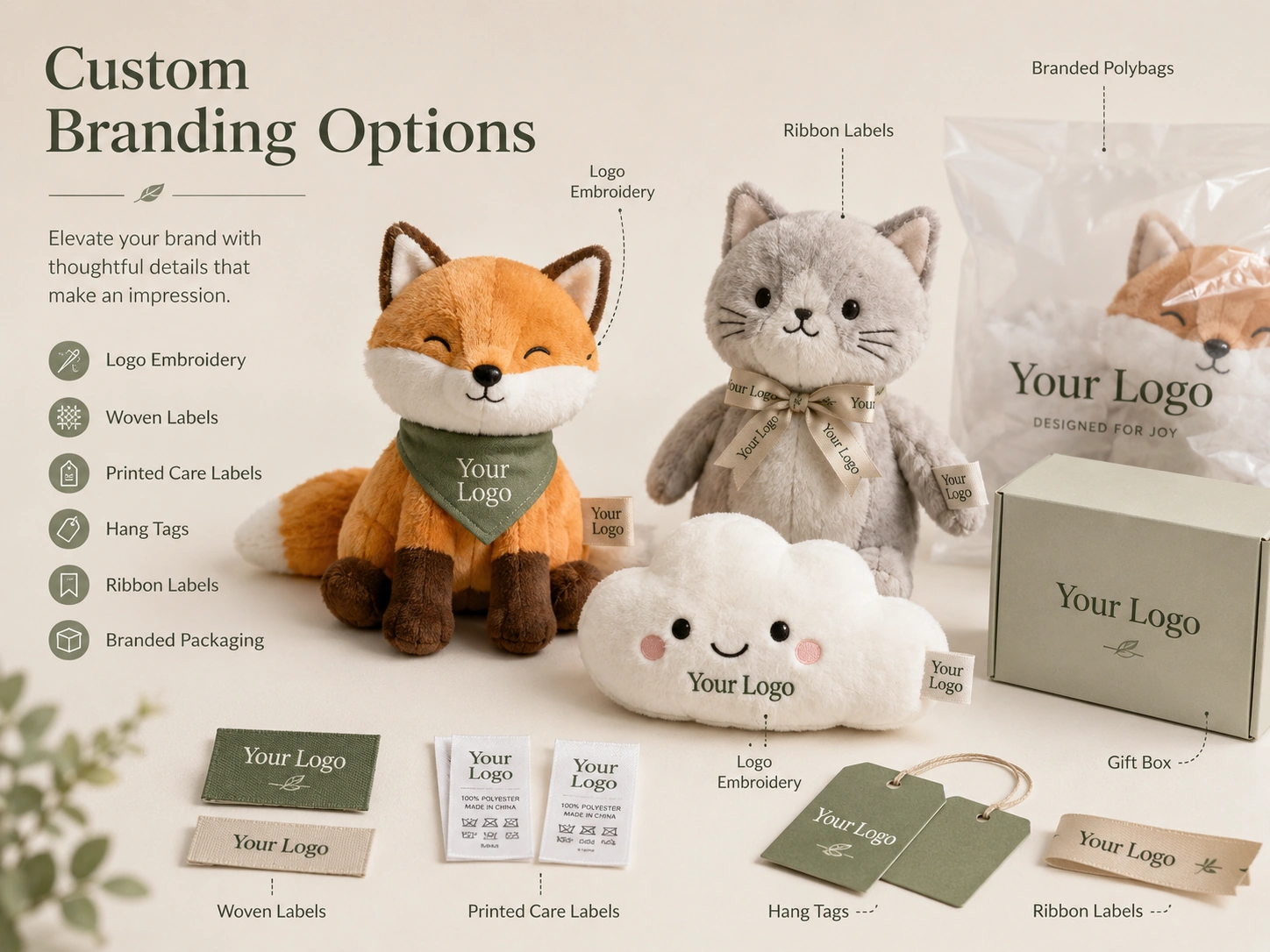 Custom branding options for private label plush toys including logo embroidery woven labels hang tags and branded polybags