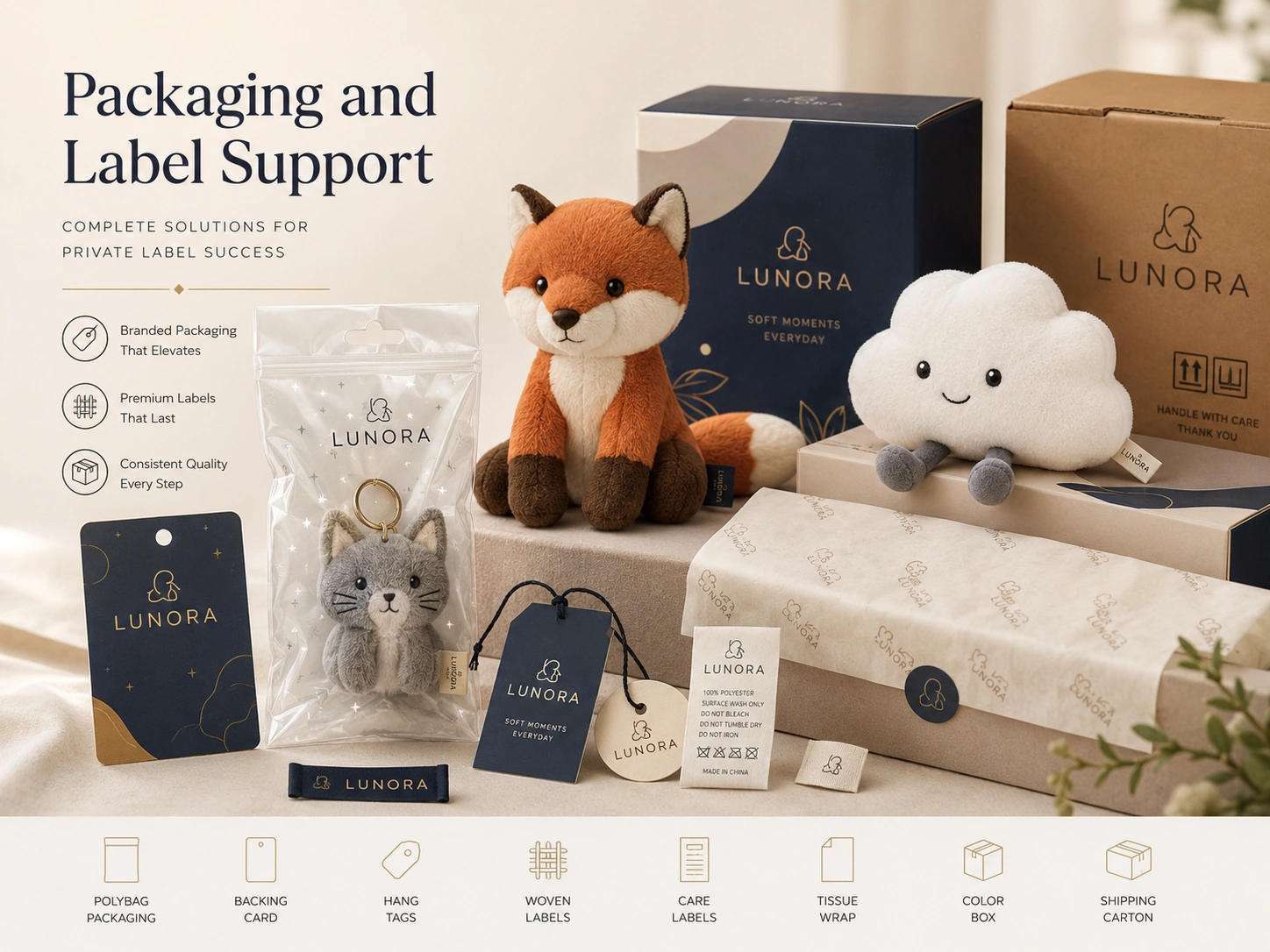 Private label plush packaging and label support with gift boxes polybags hang tags woven labels and shipping cartons
