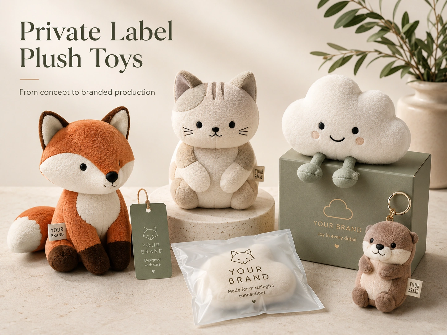 Private label plush toys manufacturer hero image with modern fox cat cloud and otter plush products