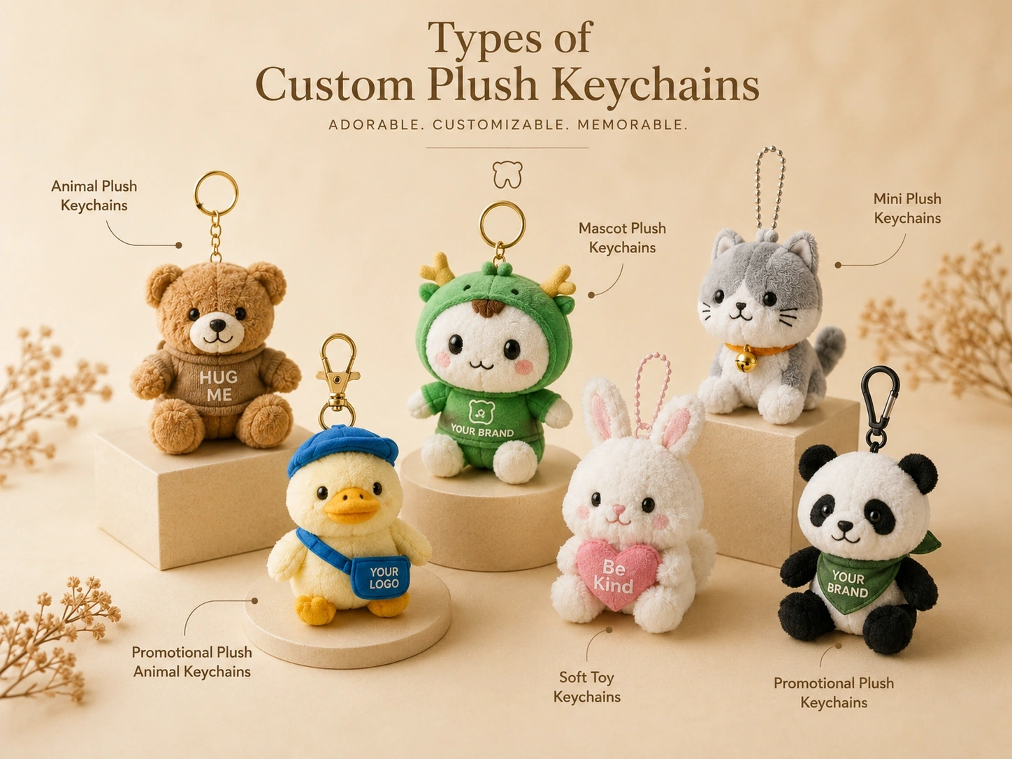 Types of custom plush keychains including animal, mascot, mini and promotional styles