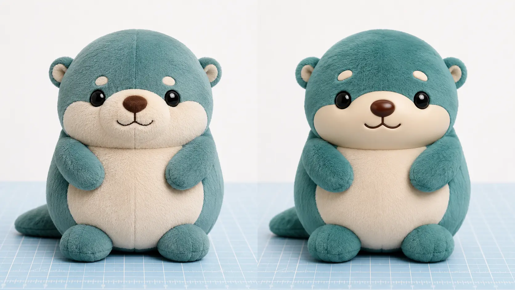 Side-by-side comparison of a sewn all-plush toy and a vinyl-face plush hybrid using one original character