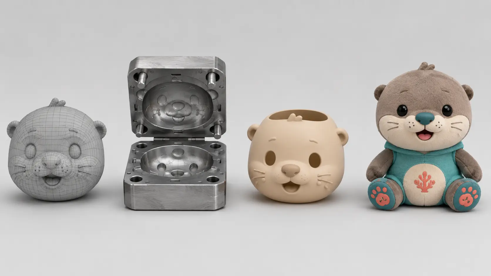 Four-stage educational render showing a 3D sculpt, metal mold, hollow vinyl shell and final vinyl-plush assembly